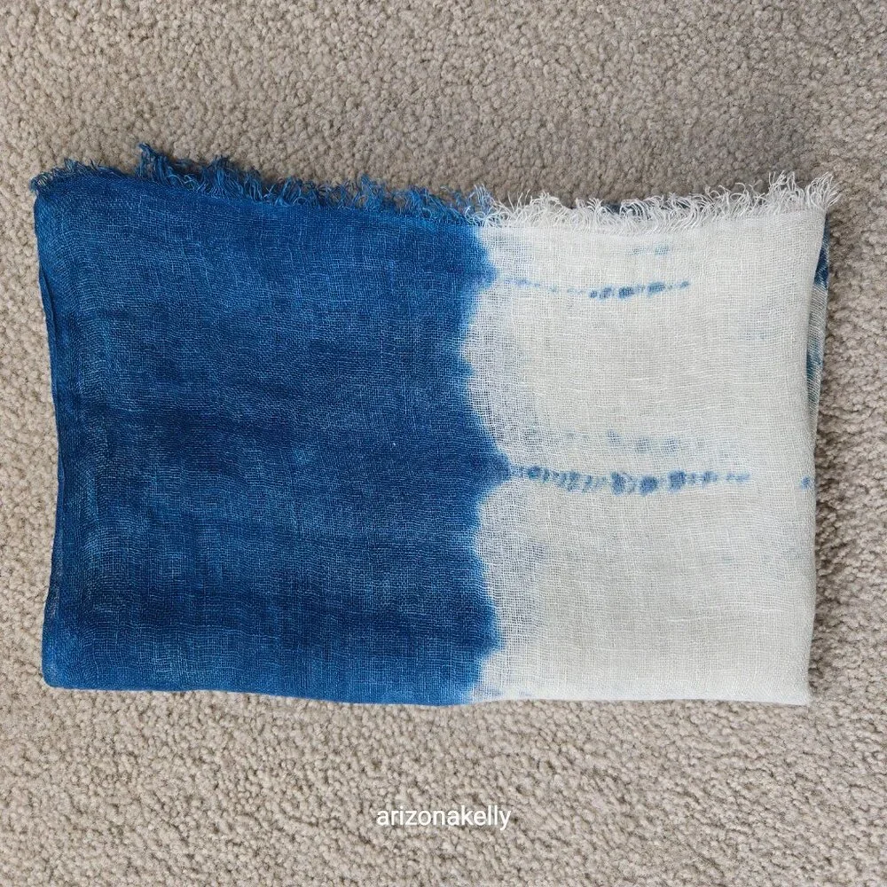 NWOT Linen Scarf Tie Dye Denim Blue & Ivory